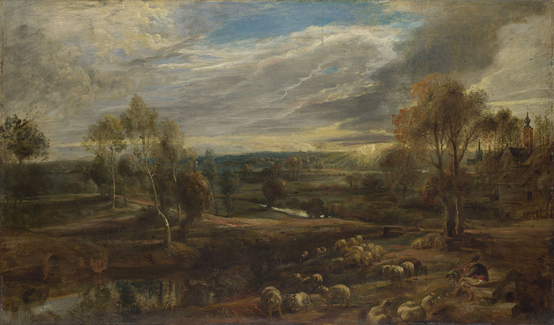 Paintin: A landscape with a shepherd and his flock - by Rubens