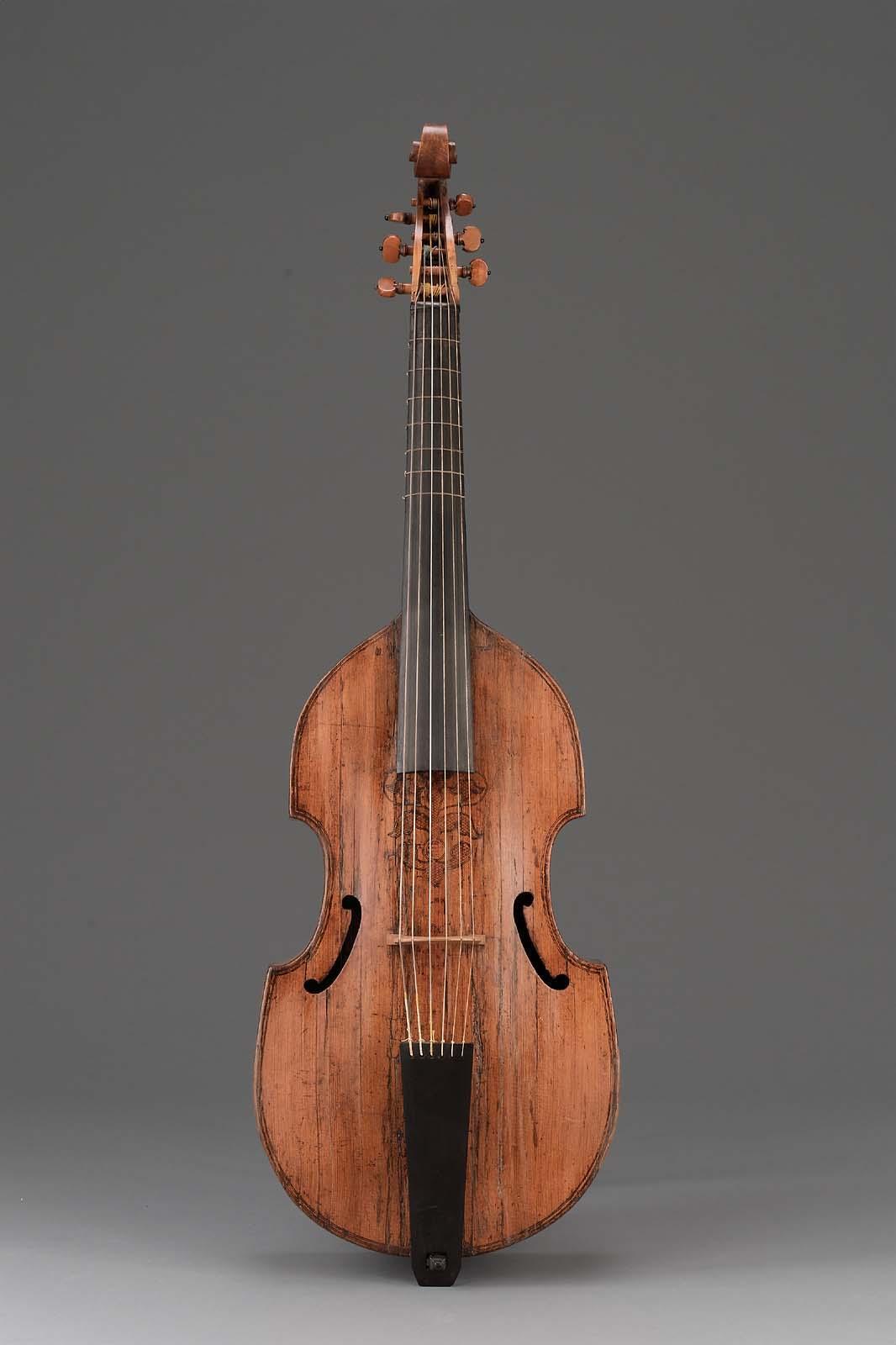 Photo of a bass viol made by Barak Norman in 1713