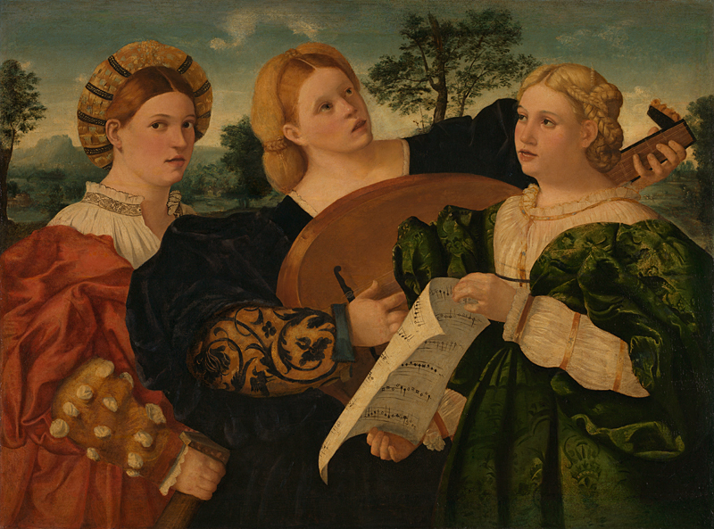 A painting of three singers, one with a lute, made in Venice in the 1520s