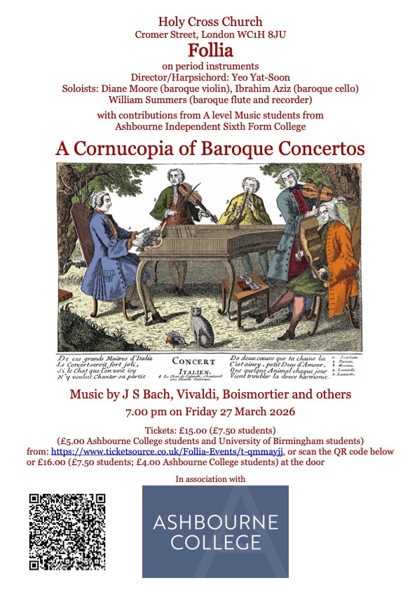 Poster for a concert of Baroque concertos on 27th. March 2026 in Bloomsbury