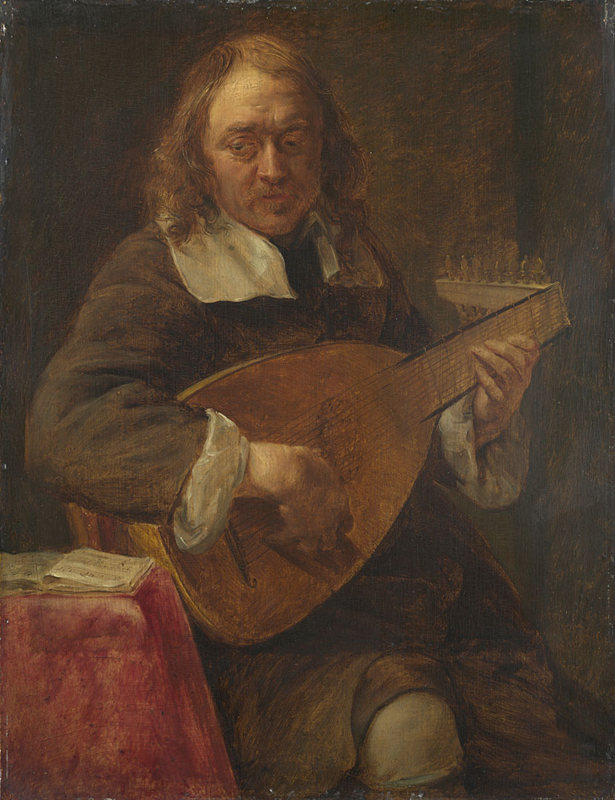 A allegorical painting of a man playing a lute entitled 'Hearing', by Gonzales Coques 1614-1684