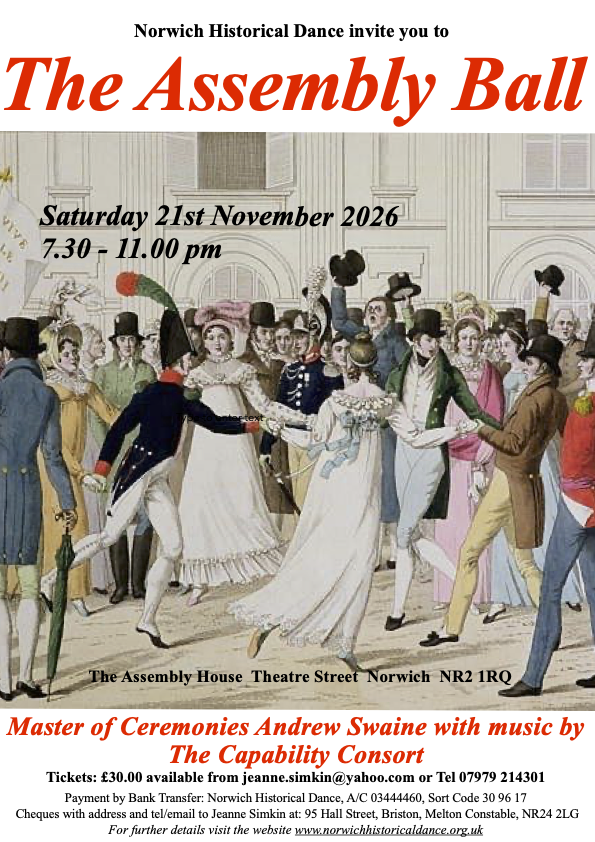 Poster depicting dancers with the details of a Regency Ball in Norwich on Saturday 21st. November 2026, 7.30pm in The Assembly House.