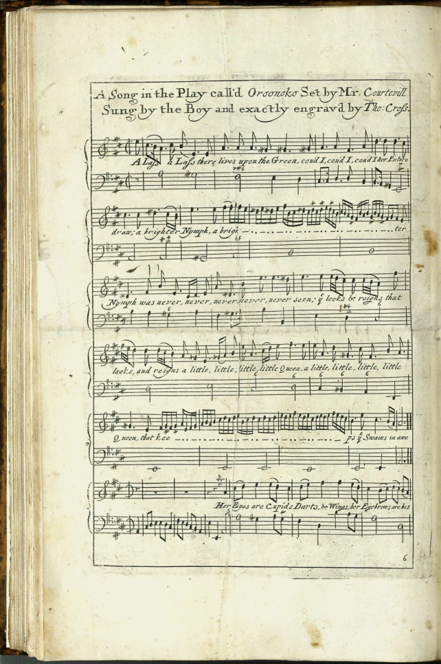Facsimile of the first page of Courteville's songs from the play Oroonoko