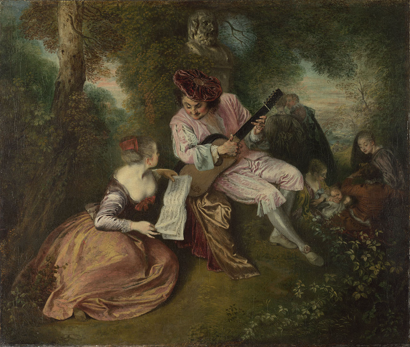 Painting by Watteau: The Scale of Love, featuring a man playing guitar sitting with a woman.